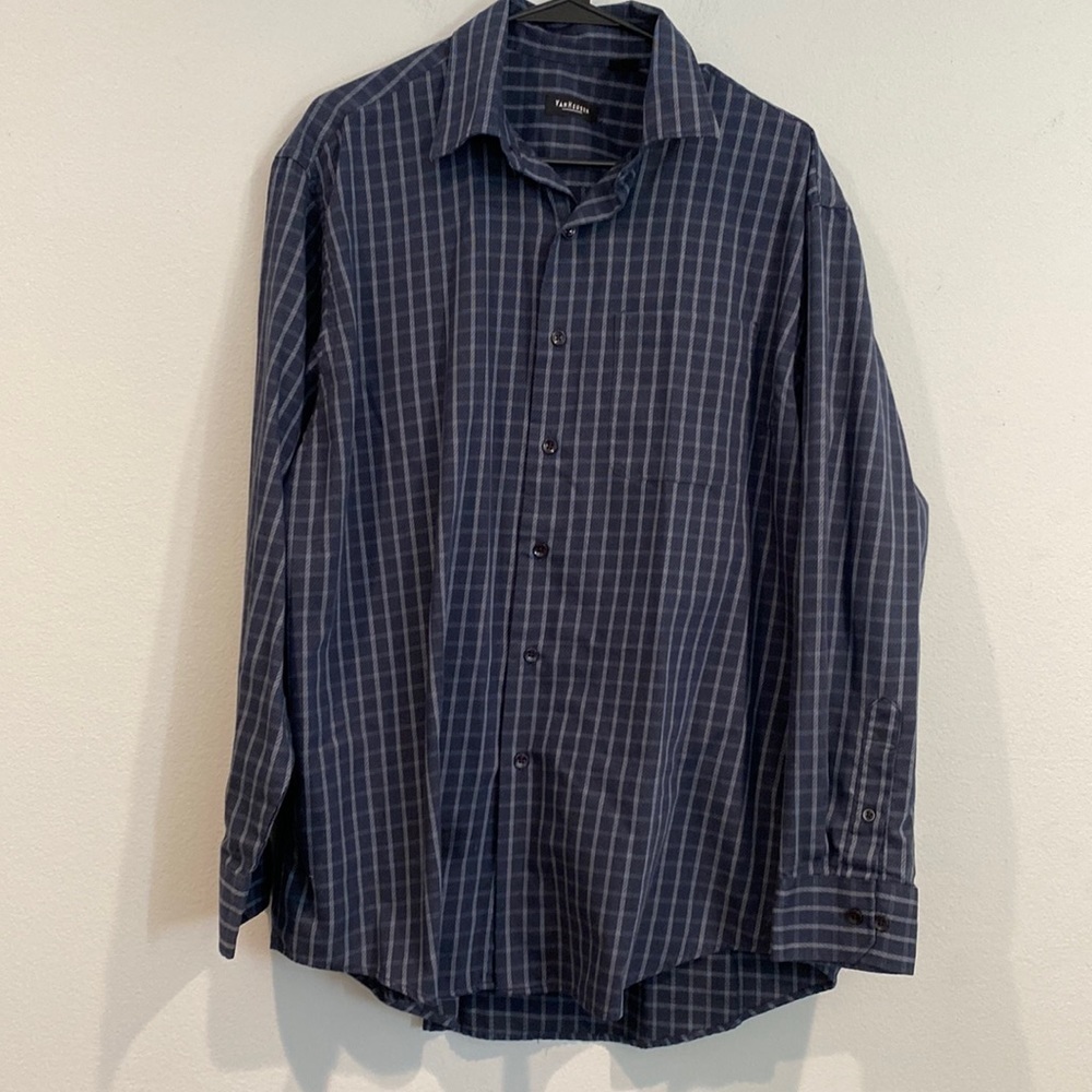 Blue and White Plaid Long Sleeve Dress Shirt - Van Heusen - Size Large 16-16 1/2
